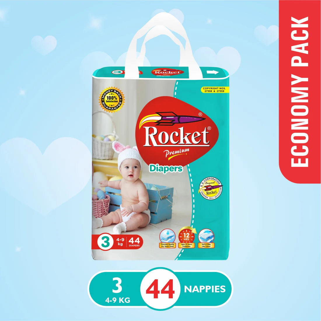 Rocket Diapers -3 -M - Economy Pack - 44Pcs